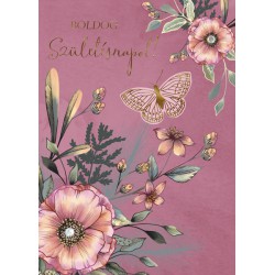 Zenélő képeslap- Boldog Szülinapot - Pillangós lila virágos