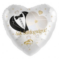 43 cm-es Sok Boldogságot! Gyűrű Mintás Arany Fehér Esküvői Szív Fólia Lufi