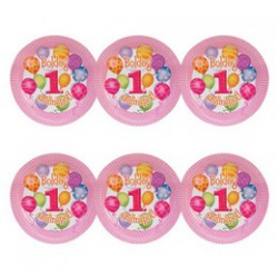 Boldog 1. Szülinapot! Léggömbös Rózsaszín Lányos Parti Tányér, 23 cm, 6 db-os